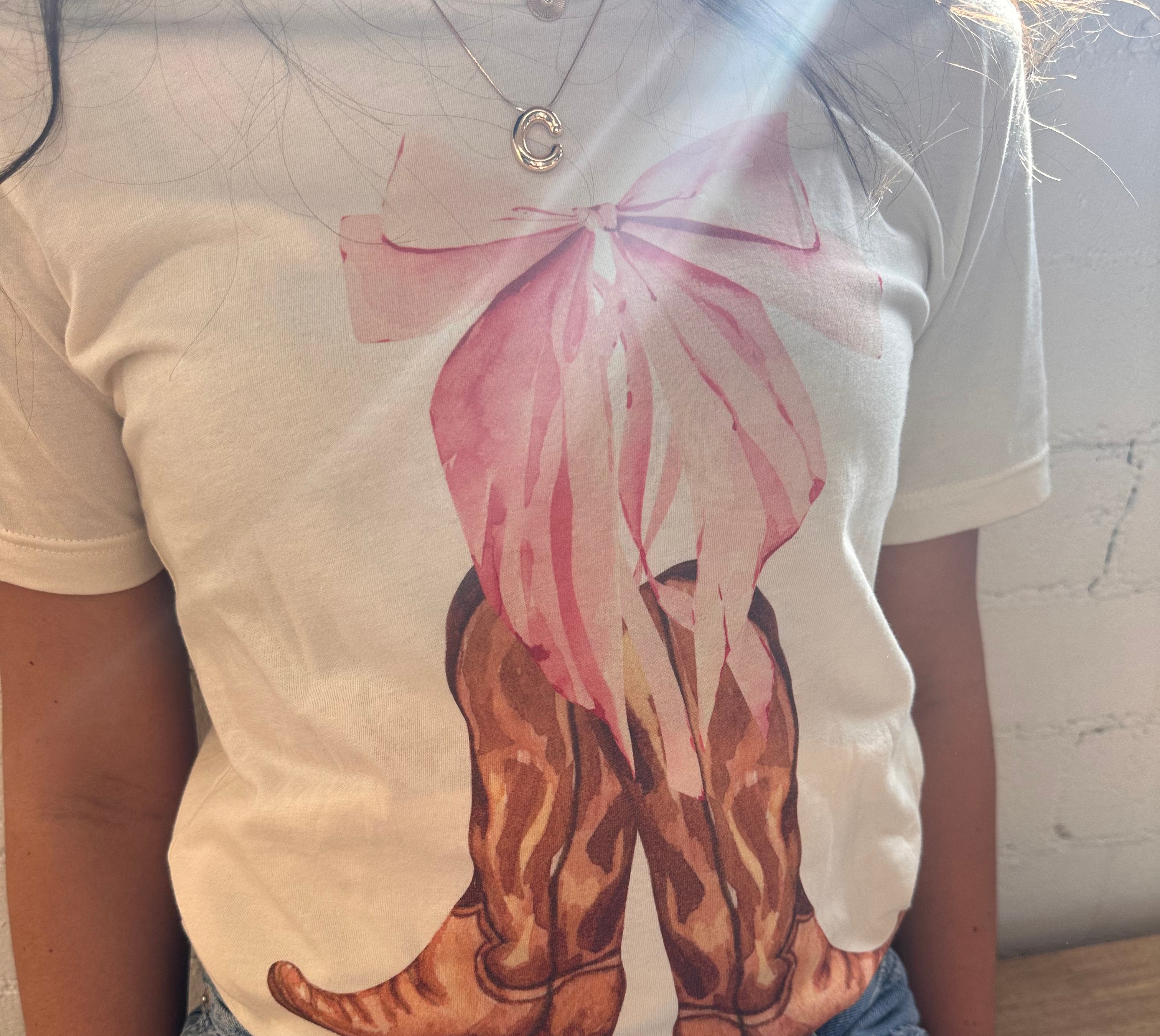 Cowgirl Boots and Pink Bow Tee-Golden Desert Boutique-Golden Desert Boutique, Women's Fashion and Accessories located in Surprise, AZ