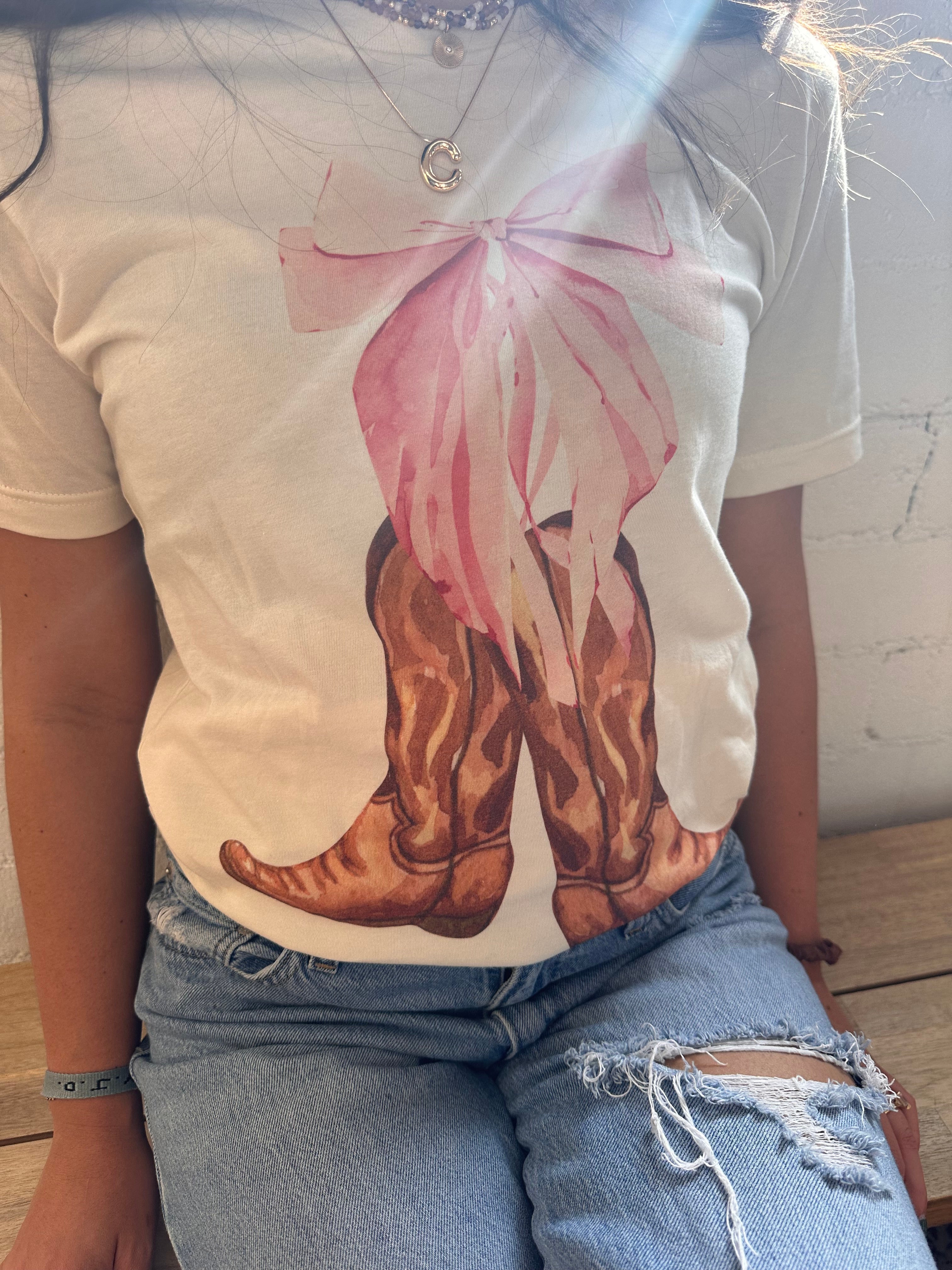 Cowgirl Boots and Pink Bow Tee-Golden Desert Boutique-Golden Desert Boutique, Women's Fashion and Accessories located in Surprise, AZ