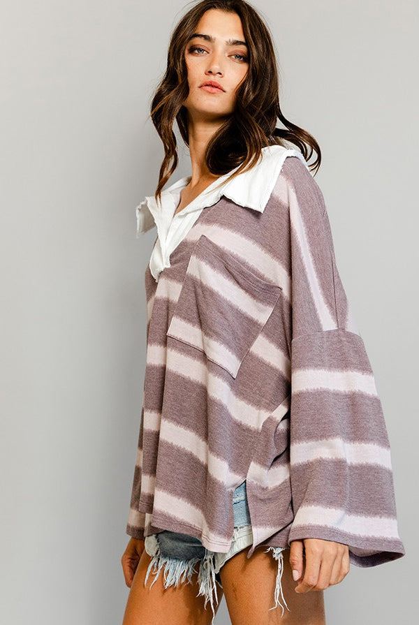 Soft Knit Striped Big Collared Pullover Sweatshirt-Golden Desert Boutique-Golden Desert Boutique, Women's Fashion and Accessories located in Surprise, AZ