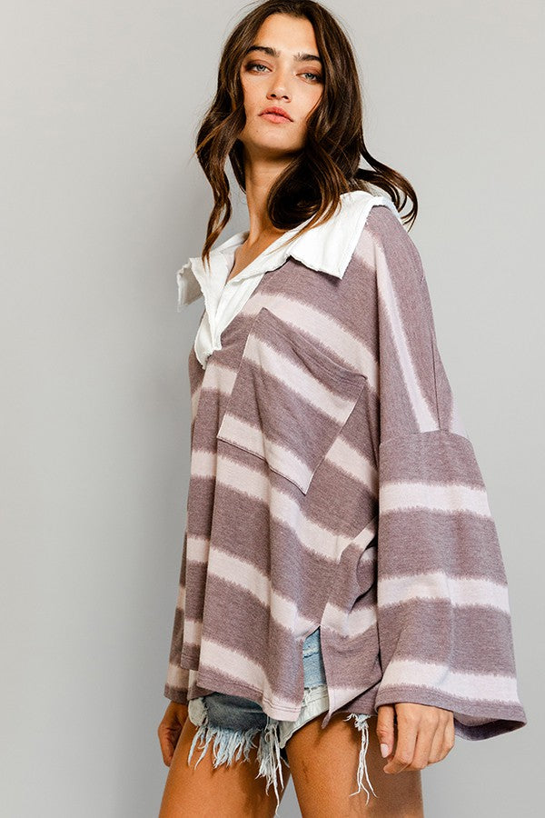 Soft Knit Striped Big Collared Pullover Sweatshirt-Golden Desert Boutique-Golden Desert Boutique, Women's Fashion and Accessories located in Surprise, AZ