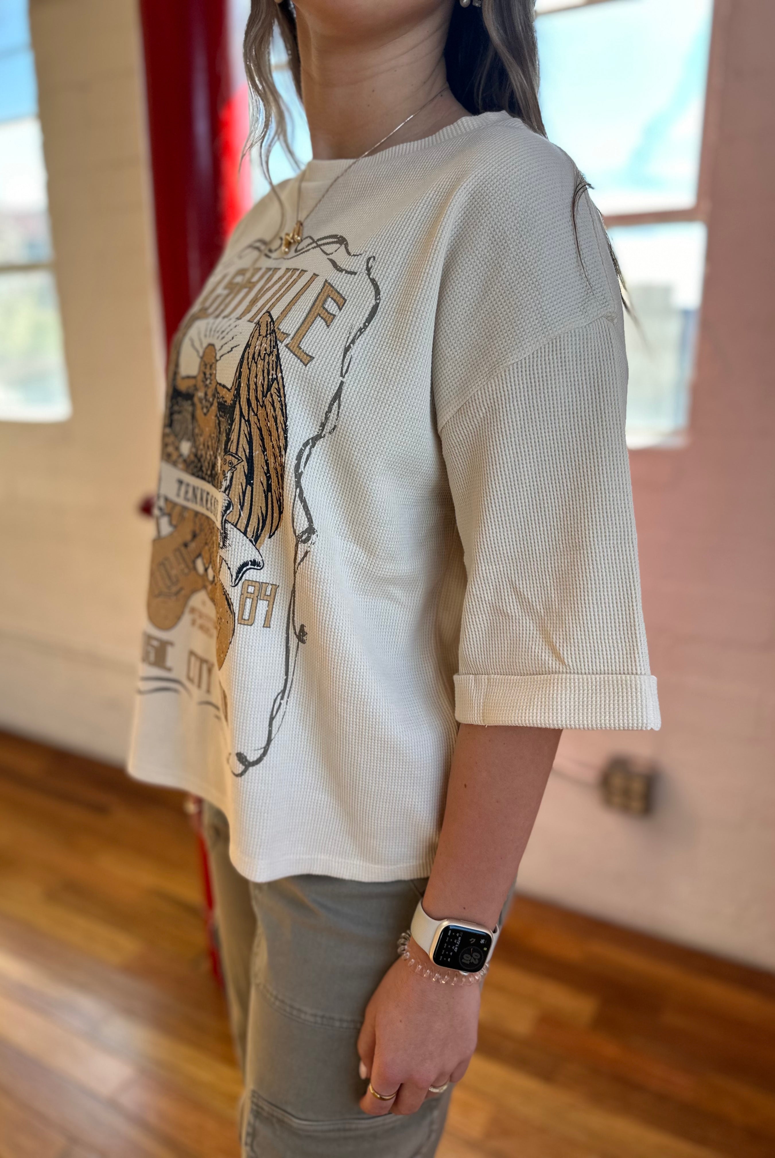 Nashville Music City Tour Waffle Knit Graphic Top-Golden Desert Boutique-Golden Desert Boutique, Women's Fashion and Accessories located in Surprise, AZ