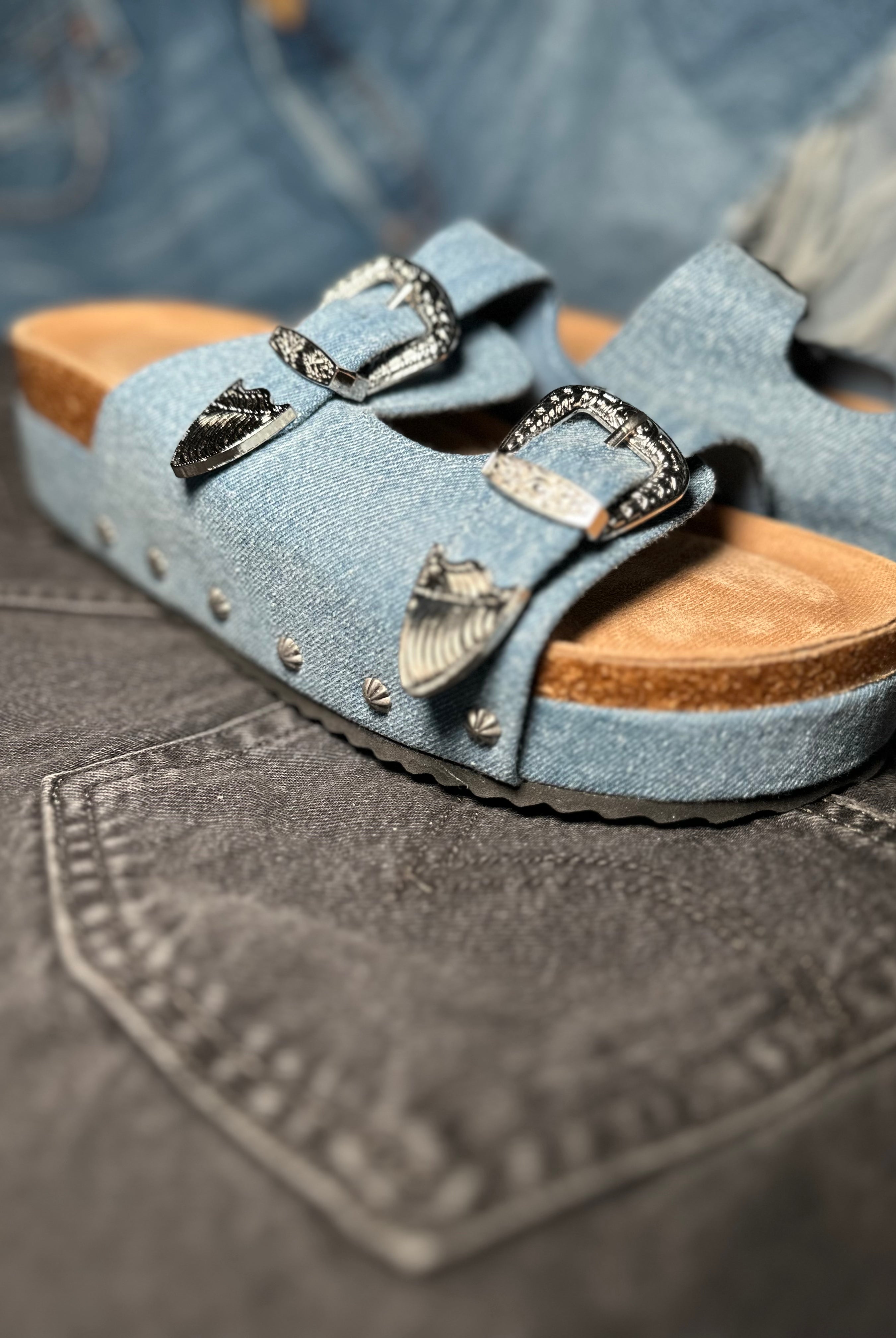Denim platform slides with western studs and buckles-Golden Desert Boutique-Golden Desert Boutique, Women's Fashion and Accessories located in Surprise, AZ