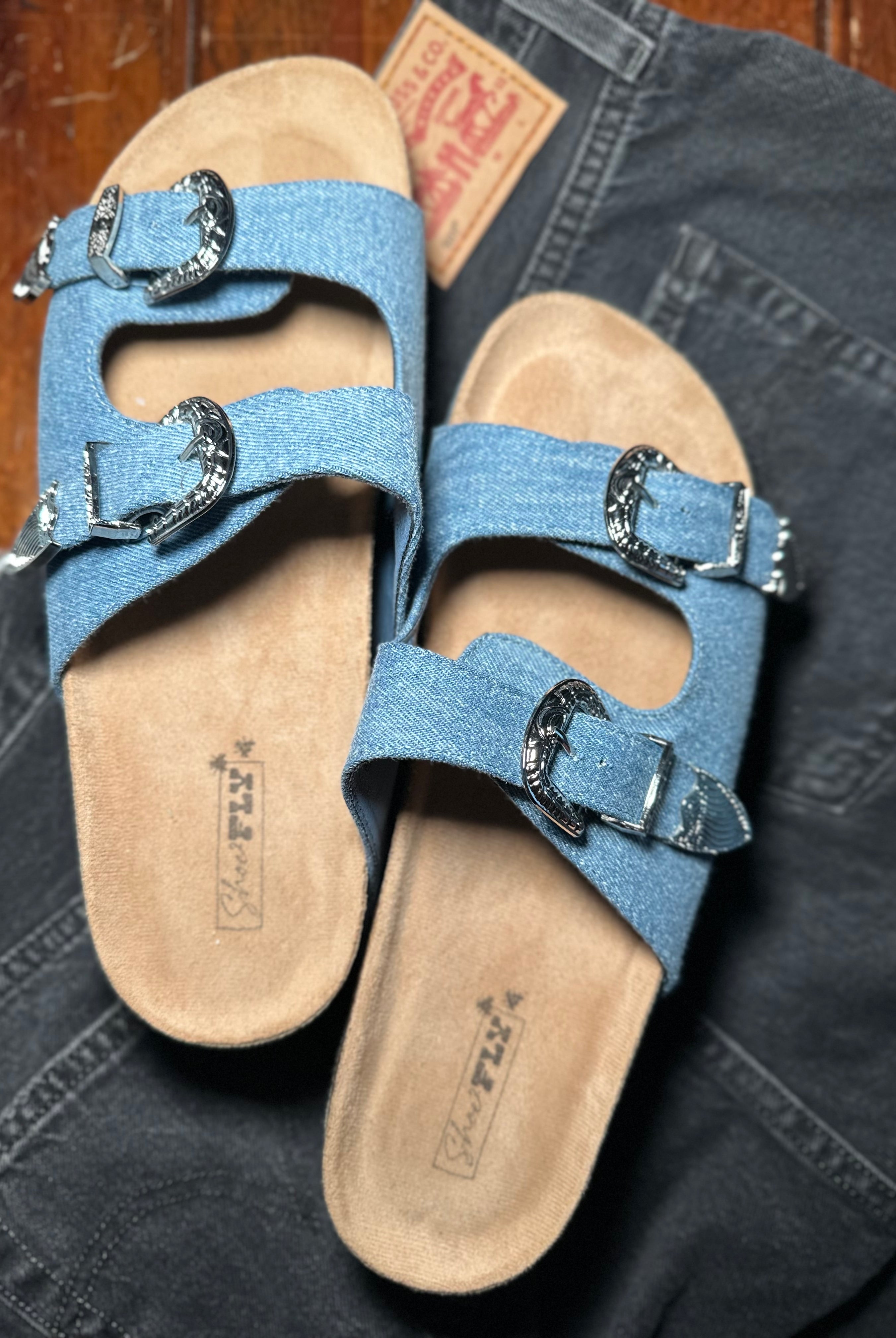 Denim platform slides with western studs and buckles-Golden Desert Boutique-Golden Desert Boutique, Women's Fashion and Accessories located in Surprise, AZ