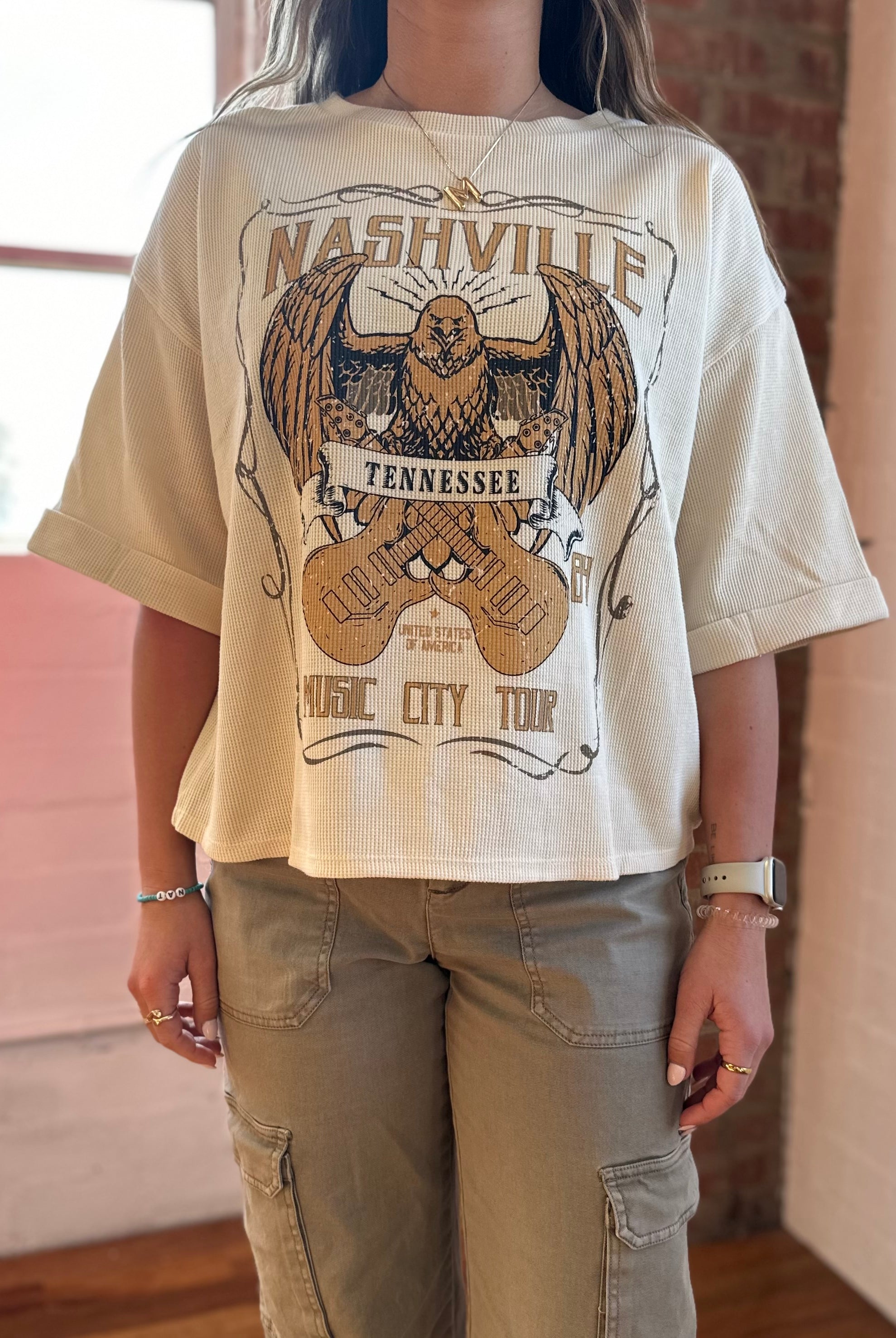 Nashville Music City Tour Waffle Knit Graphic Top-Golden Desert Boutique-Golden Desert Boutique, Women's Fashion and Accessories located in Surprise, AZ