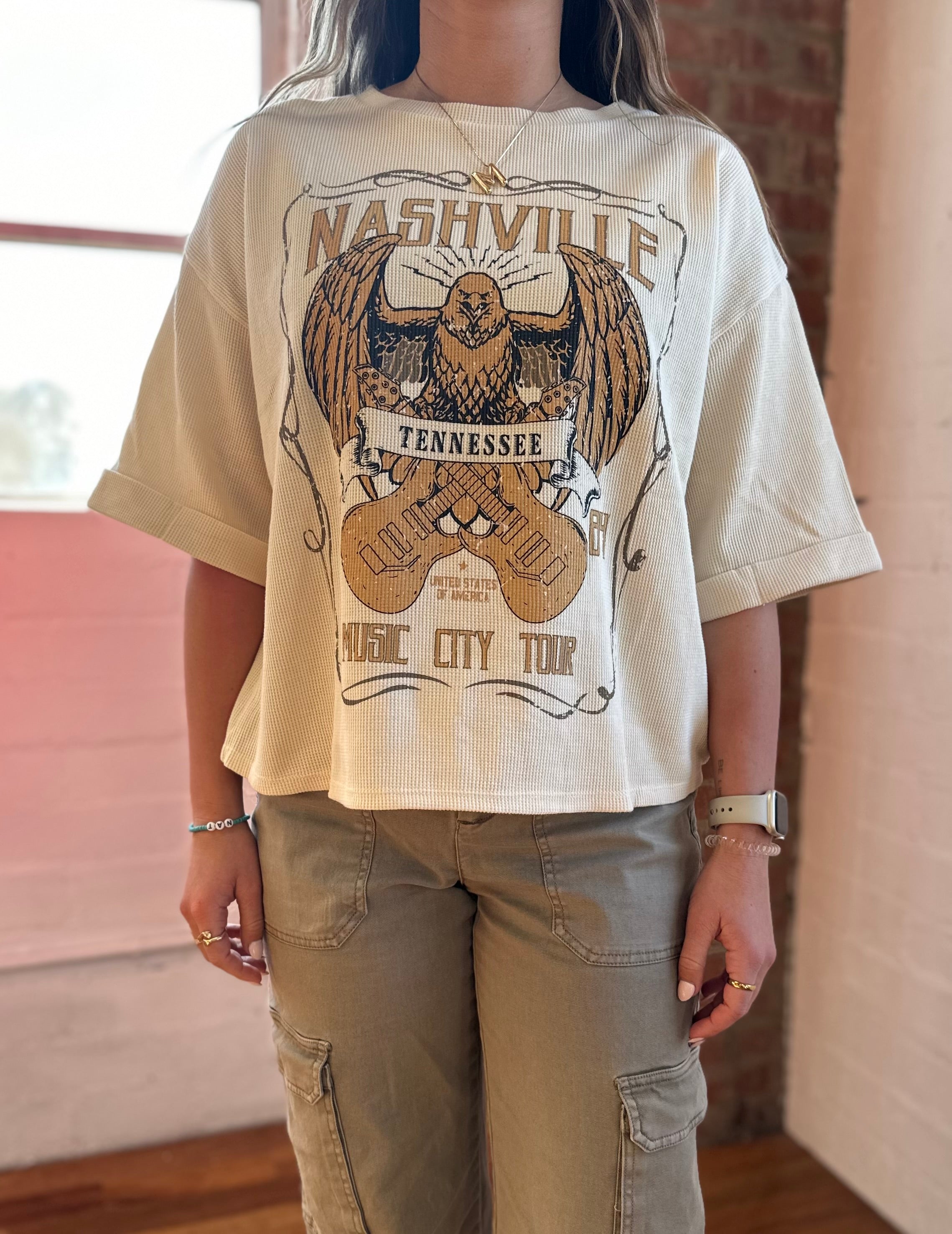 Nashville Music City Tour Waffle Knit Graphic Top-Golden Desert Boutique-Golden Desert Boutique, Women's Fashion and Accessories located in Surprise, AZ
