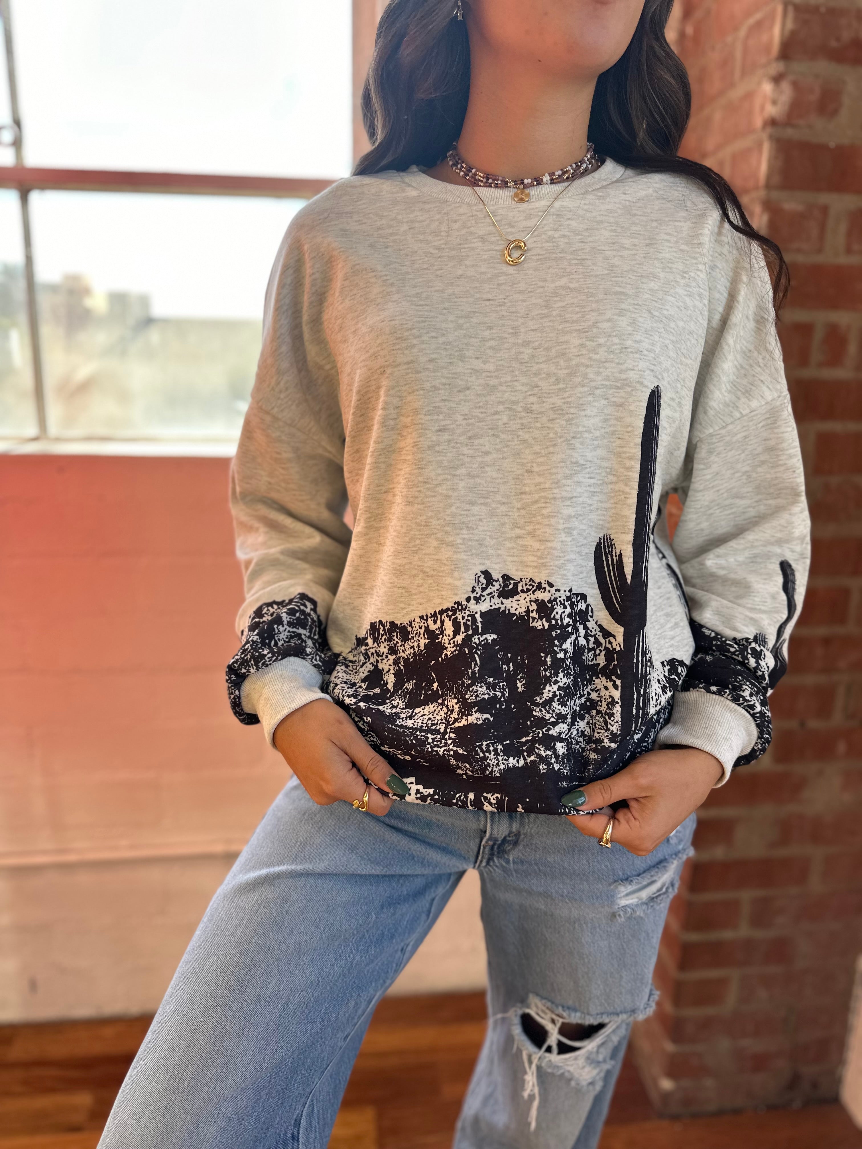 Arizona Desert, cactus black and grey sweatshirt-Golden Desert Boutique-Golden Desert Boutique, Women's Fashion and Accessories located in Surprise, AZ