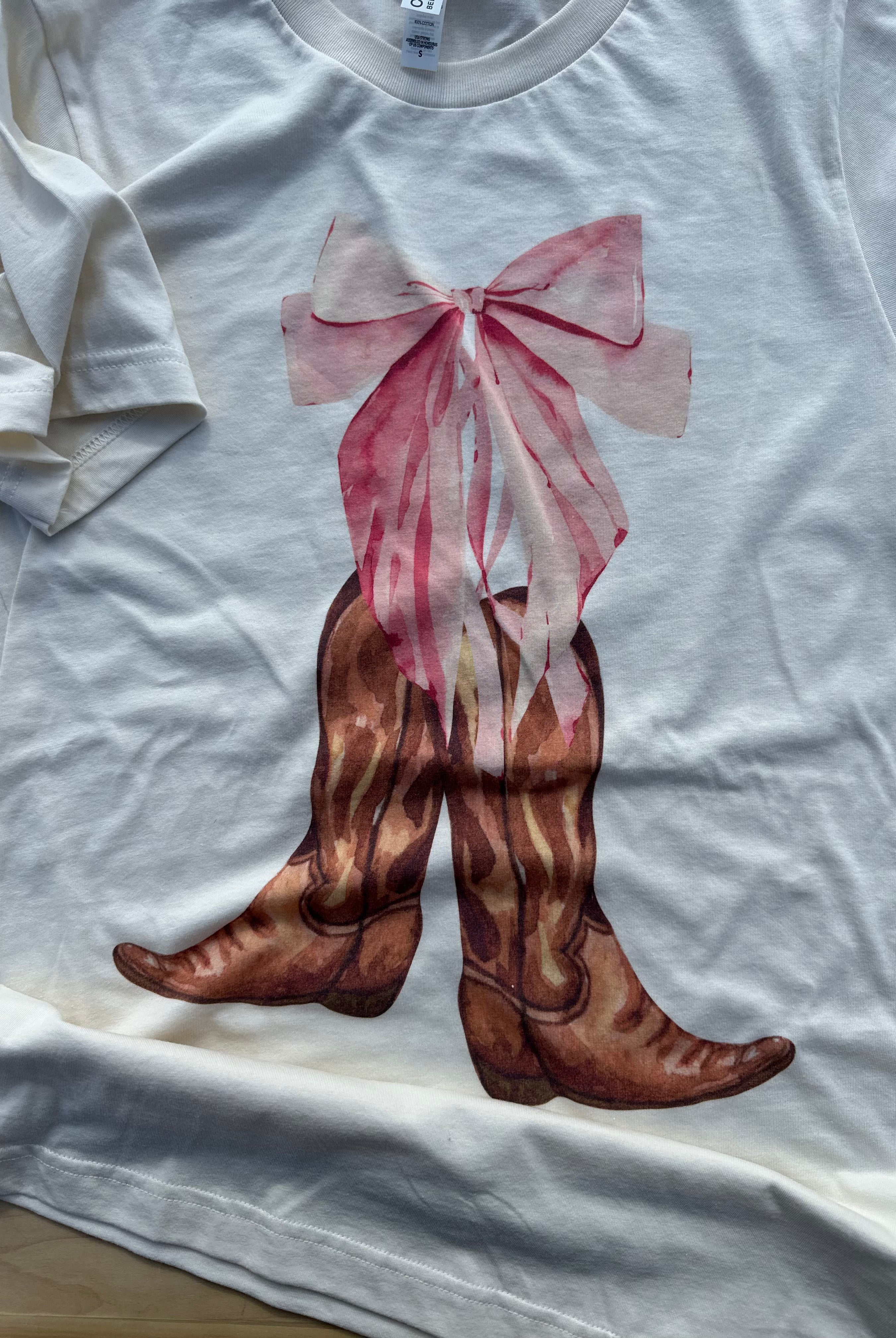 Cowgirl Boots and Pink Bow Tee-Golden Desert Boutique-Golden Desert Boutique, Women's Fashion and Accessories located in Surprise, AZ