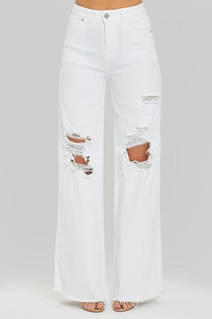 Fashion White Ripped Jeggings White High-Rise Distressed Wide Leg